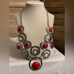 Silver and Red Circle Statement Necklace